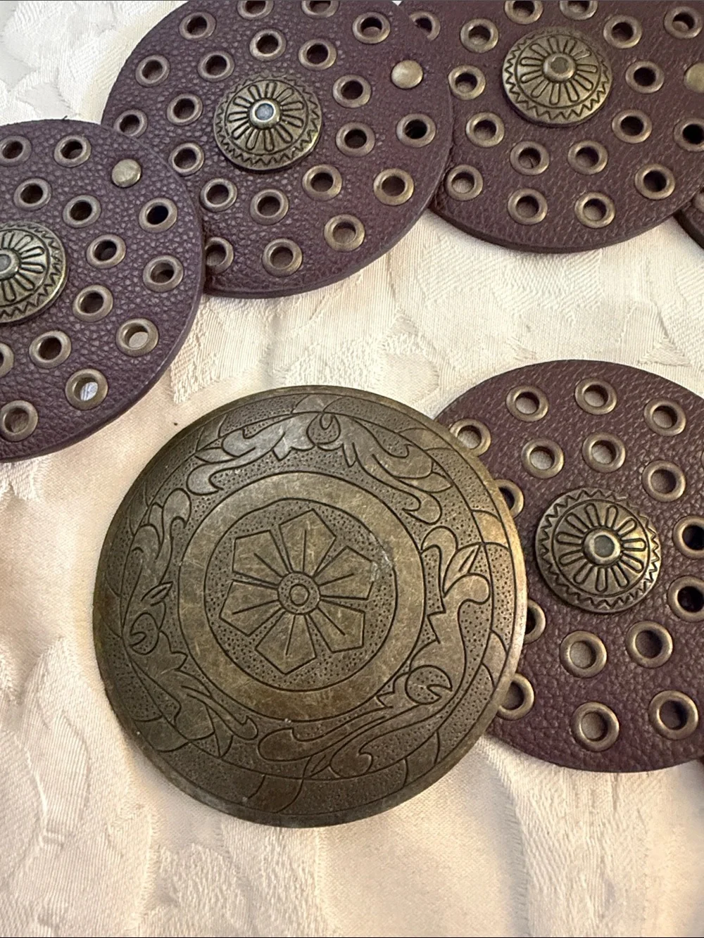 Vintage-Inspired Brown Disc Belt with Brass Medallion